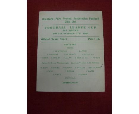 1960 Bradford Park Avenue v Birmingham City [Football League Cup], Official Team Sheet Programme for the game played 31/10/19