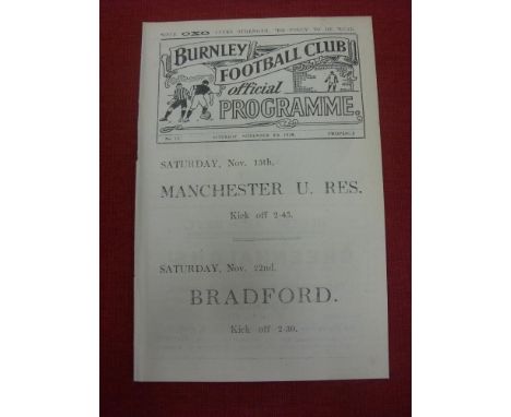 1919/20 Burnley v Manchester Utd, a programme from the game played on 08/11/1919 (ex bound volume), the first season after th