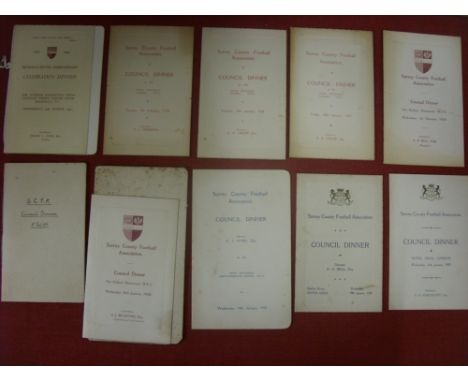 Surrey County Football Association, a fine collection of 9 menus from the Annual Council Dinners held at various hotels in Lo