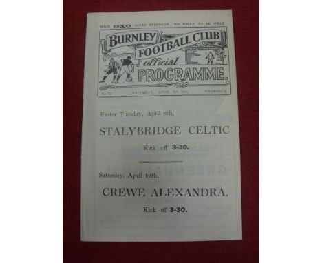 1919/20 Burnley v Arsenal, a programme from the game played on 03/04/1920 (ex bound volume), the first season after the war