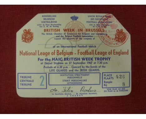 1967/68 National League Of Belgium v Football League of England, a ticket from the game played in Brussels on 27/09/1967