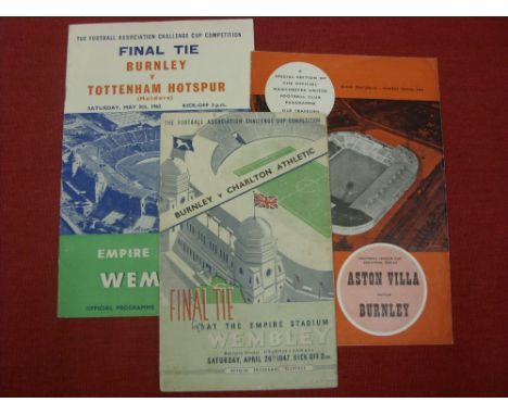 Burnley, a collection of 3 big match football programmes, 1947 FA Cup Final, Burnley v Charlton, 1960/61 FL Cup S/F Replay, A