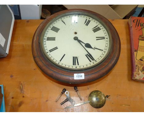 A Mahogany framed School Clock with fusee mechanism, pendulum and key, 12'' face.