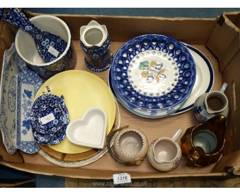 A quantity of china to include Frankfurt pottery grey and blue jug, Poole pottery jug, and sugar bowl 3" high, Burleigh potte