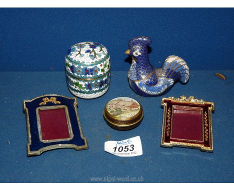 An interesting blue Cloisonne cockerel container (3" tall), a multicoloured Cloisonne jar and cover (2 1/2" tall), a pair of 