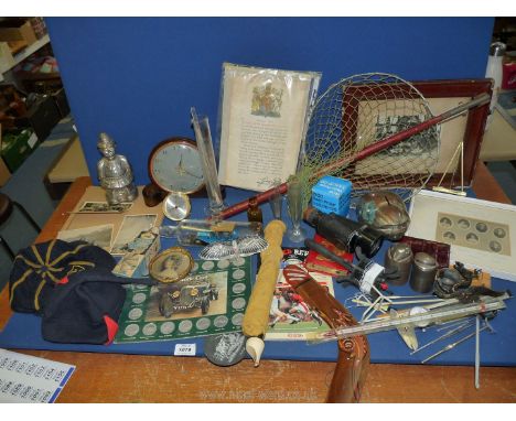 A quantity of miscellanea to include a boomerang, monocular, miscellaneous crochet hooks (some bone), recorder, fishing net, 