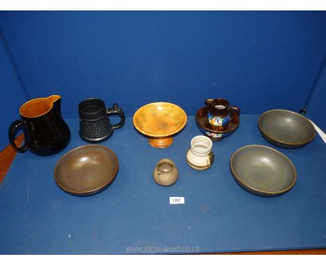 A quantity of pottery and studio pottery to include Prinknash black jug, Prinknash grey lusterware jug, bowls, stemmed tazza,