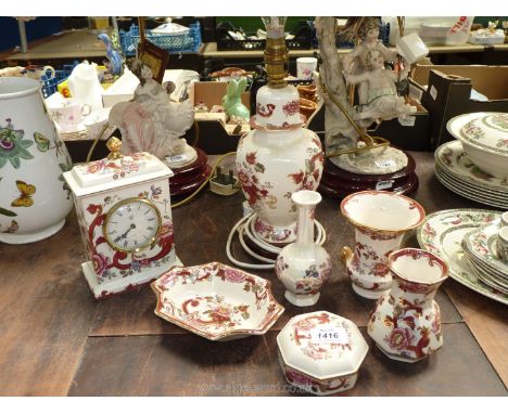 A quantity of Masons 'Mandalay Red' china including table lamps, vases, mantle clock, etc, and a Masons 'Fruit Basket' bud va