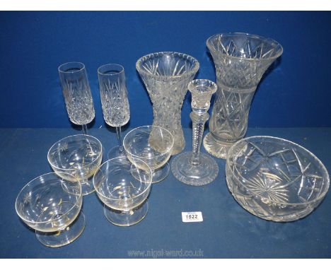 A small quantity of cut and etched glass to include Tudor fruit bowl, candlestick, vases, four etched sundae dishes, etc.