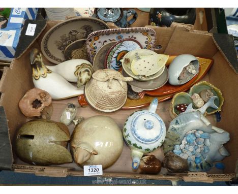 A quantity of studio pottery to include 'Tremar' lamb, 'Kenilworth Potter' owl plaque, 'Price Kensington' sheep teapot, Poole