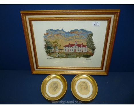A framed and glazed tapestry of Mount Vernon (14 1/2" x 18") plus a pair of Florentine sepia portraits of young ladies on fin