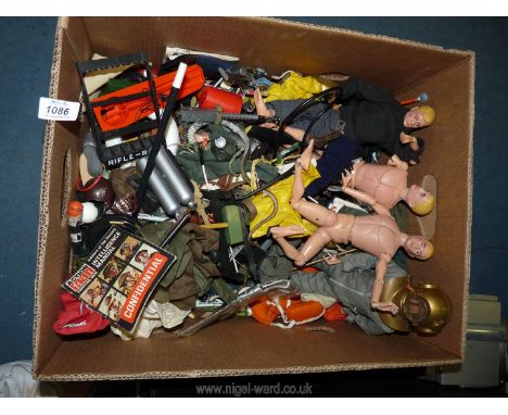A quantity of Action Man figures (some a/f) with assorted accessories and clothing to include; deep sea diving, skiing, lifeb