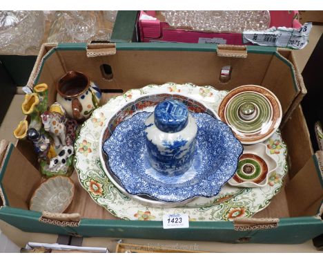 A quantity of china including Staffordshire style spill vase, salt glazed jelly mould, Dragon Pottery ashtray and lidded pot,