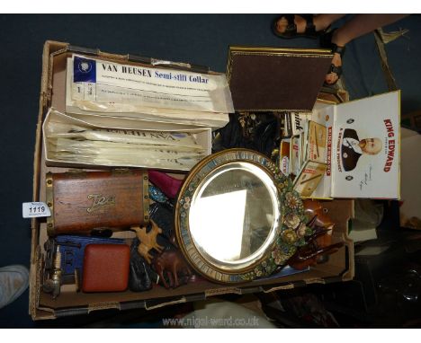 A box of miscellanea to include; collars, gloves, tins, fans, tea caddy, Viewfinder, vesta case, etc.