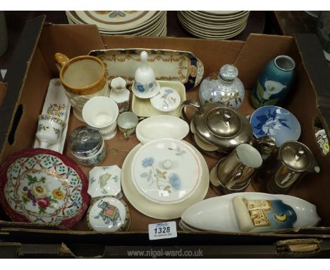 A quantity of miscellaneous china including Royal Worcester silver lustre teapot, hot water jug, sugar bowl and milk jug, Poo