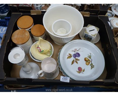 Three Portmeirion Botanical Garden pattern storage jars, bowl, Masons soap dish, Beswick candlestick etc.