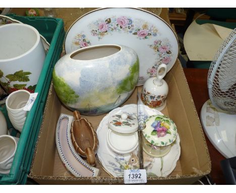 A quantity of china including Wedgwood lidded trinket pot, Royal Albert wall plates, Wade, Poole, hand painted vase with scen