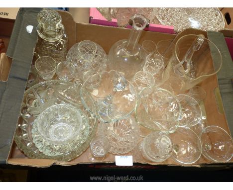 A quantity of glass including four champagne glasses, lemonade jug, liqueur decanter, miscellaneous sherry glasses, etc.