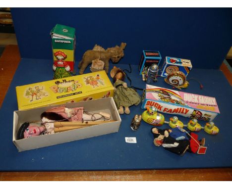 A quantity of vintage toys to include; 'Prince Charming' Pelham puppet, a pair of Medici Mary &amp; Joseph models, four boxed