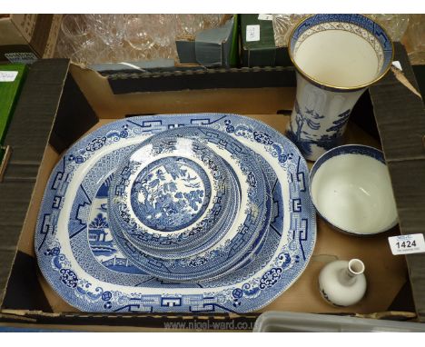 A quantity of Willow pattern china including Churchill, Myott, etc, Royal Doulton 'Real Old Willow' vase and bud vase.