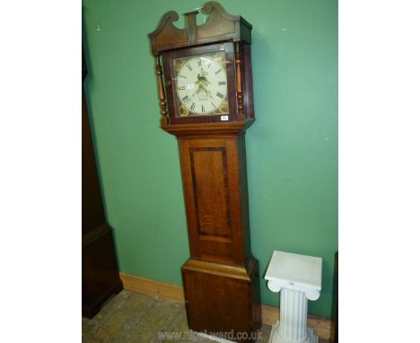 A cross-banded Oak cased 30 hour longcase Clock, the painted face with Roman numerals, semi-circular date register, central b