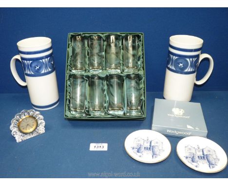 Two large Royal Worcester mugs, Wedgwood pin dishes, miniature Waterford crystal clock and boxed set of studio shot glasses.