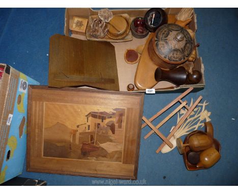 A quantity of treen to include; music stand, clock, dried gourds, wooden animals, trinket pots, marquetry picture of a coasta