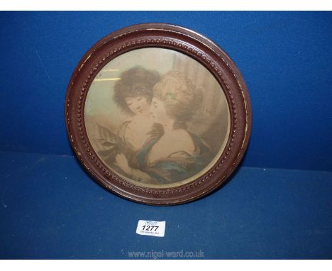 A circular framed Print of two ladies reading sheet music, 9 1/2'' diameter, a/f