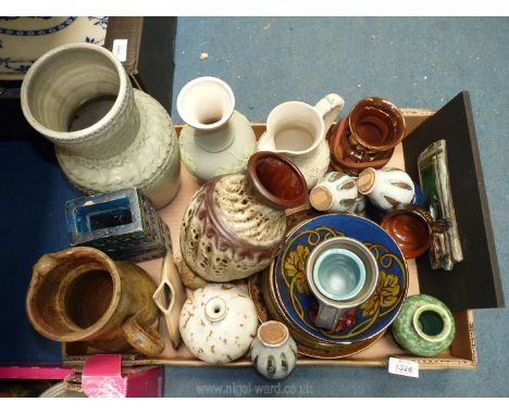 A quantity of studio pottery including; 'Crochendy Gwynedd Pwllhel' vase, West German vase, a vase with applied leaves marked