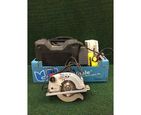 A box of air compressor, cased Skill saw, electric hammer drill, Spall electric sander, etc 