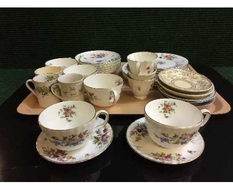 A tray of Royal Doulton coffee cups and saucers, part Minton Marlow tea service etc 