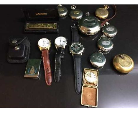 A collection of assorted pocket watches, wristwatches, harmonica, ships calender, zippo lighter etc (Q)