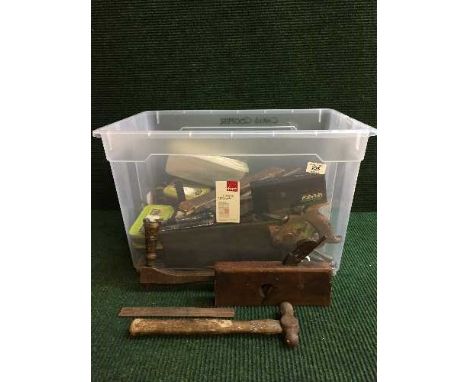 Box of quantity of assorted hand tools, vintage hardware,slide rule etc