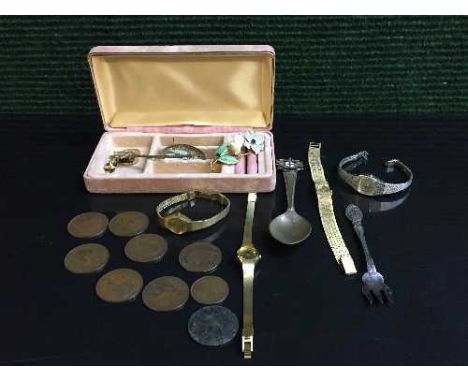 A box of crested spoon, plated pickle fork, lady's brooch, four wrist watches and a bag of late 19th and early 20th century B