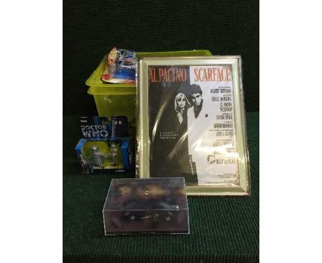 A box of Dr Who toys, Batman die cast vehicles, model planes on stands, Nintendo DS, electricals etc 