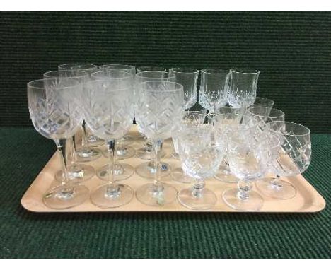 A tray of assorted lead crystal including Bohemia wine glasses, assorted brandy glasses etc 