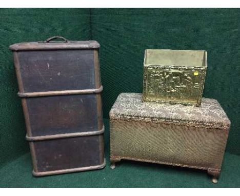 A gold loom blanket box, a cabin trunk and a brass embossed magazine rack 