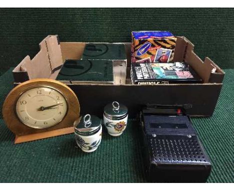 A box of Smiths clock, Royal Worcester egg codlers, Sanyo tape deck, Polaroid camera etc