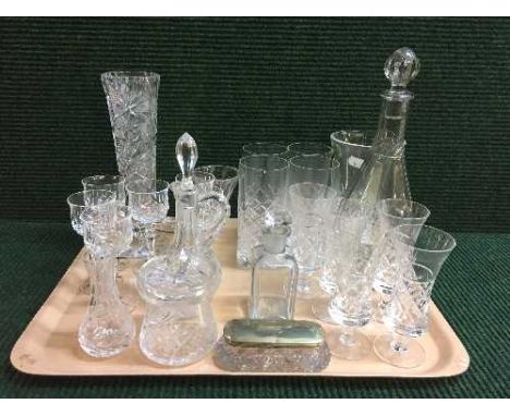 A tray of lead crystal including a French crystal vase, decanter and stopper, vinegar bottle, silver plated lidded jar etc 