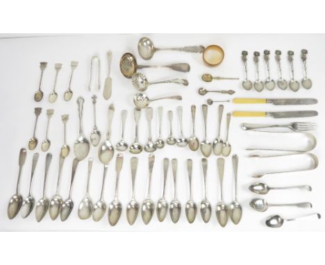 A collection of silver flatware, mostly antique, various makers, including seven Newcastle tea spoons; two Georgian silver su