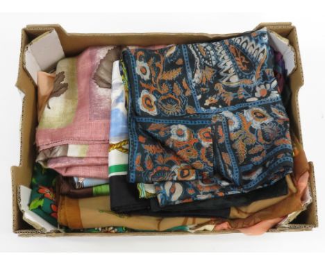 A quantity of assorted head scarves includes silk and patterned cotton; silk chiffon blouse; gents silk handkerchiefs etc