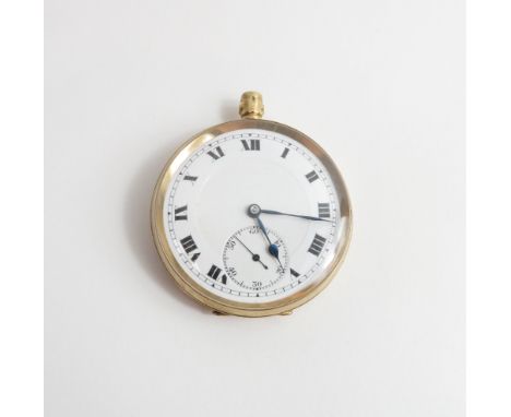 Anonymous, a 9 carat gold open faced pocket watch, 1920 London import marks, the white enamel dial with black Roman numerals,