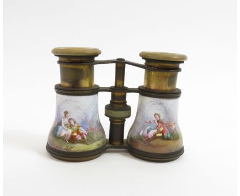 A pair of brass and enamel opera glasses, engraved Edward H G Kelso and Junior Carlton Club, Pall Mall
