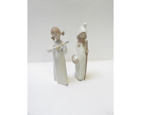 A Lladro figure of a young girl standing holding a long stick and another of a young girl playing a ukelele