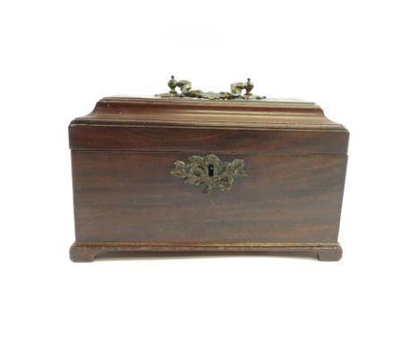 A 19th century mahogany tea caddy, on bracket feet with a brass swing handles on a hinged lid