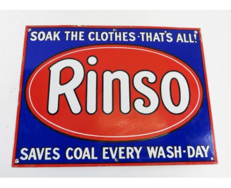An enamel sign “Rinso, soak's the clothes-that's all, saves coal every wash day” 38cm high, 50cm wide