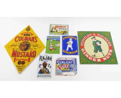 A collection of seven enamel signs to include Coleman's mustard, The Rajah Cigar, Robin Starch, Walter Wilson's, Sunlight soa
