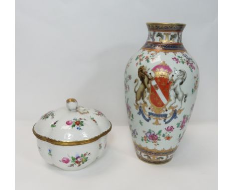 A Samson Chinese style armorial balister vase painted to each side with a unicorn and lion rampant supporting a shield inters