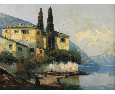 R. Weber, Mediterrane Landschaftvon der Sonne beschienener, zwischen Bergen gelegenen See mit bis ans Ufer reichenden Häusern