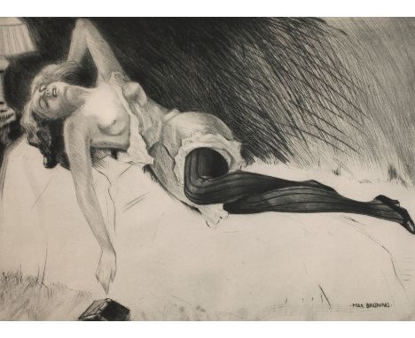 Max Brüning, Schlafender Halbaktauf einem Sofa während der Lektüre eines Buches eingeschlafene junge, teils entblößte Frau, R